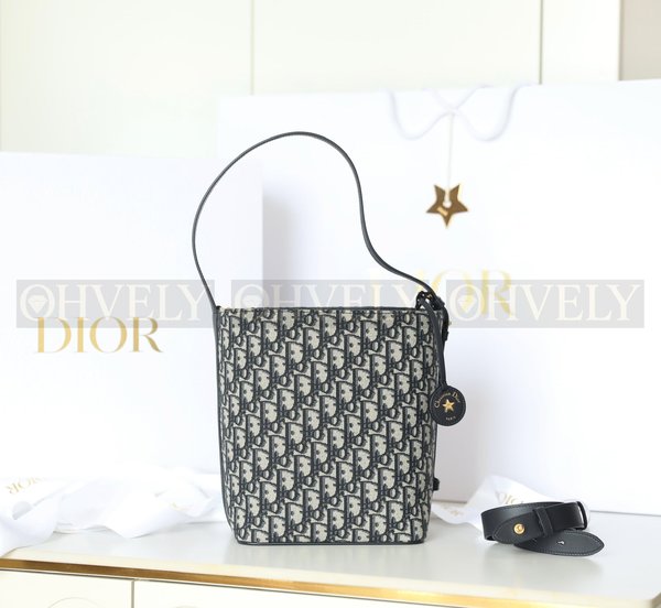 디올 Diorstar 스몰 버킷백 블루 오블리크 자카드