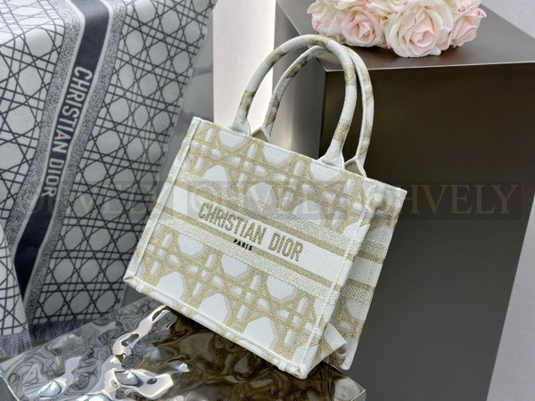 디올 매크로까나쥬 자수 화이트 골드 북 토트백 스몰