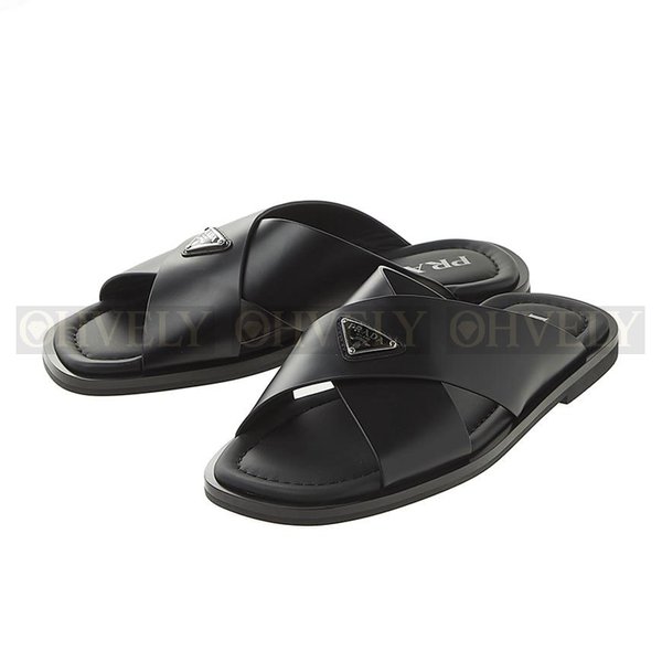 프라다 크로스 레더 블랙 샌들