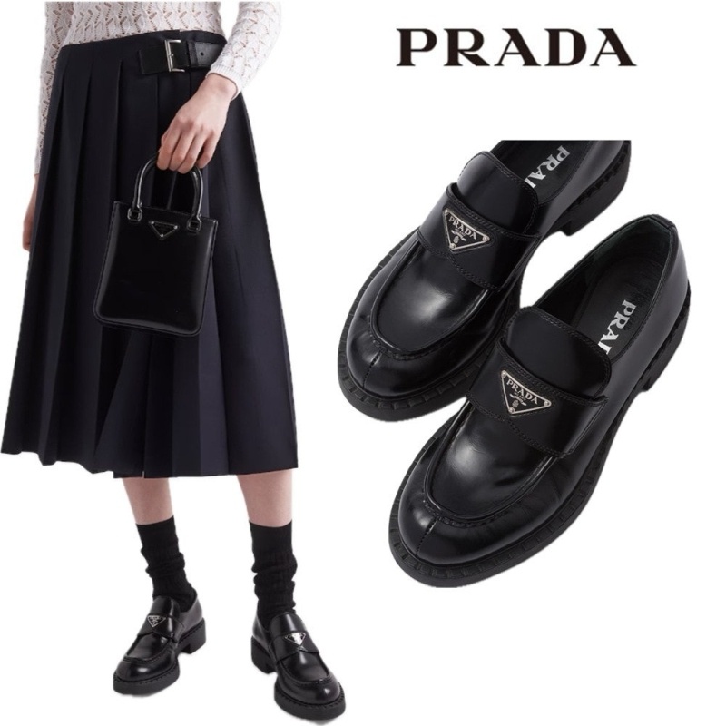 프라다 여성 초콜릿 브러시드 가죽 로퍼