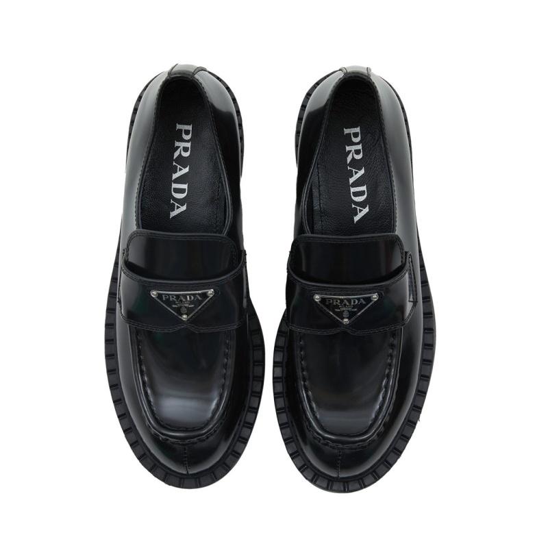 프라다 여성 초콜릿 브러시드 가죽 로퍼