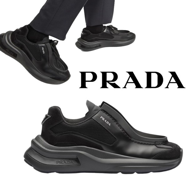 프라다 바이크 패브릭 스웨이드 엘리먼츠 브러쉬드 레더 스니커즈 블랙
