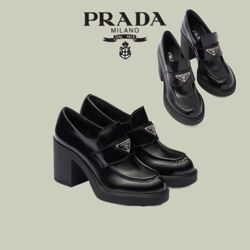 프라다 초콜릿 하이힐 브러쉬드 로퍼 블랙