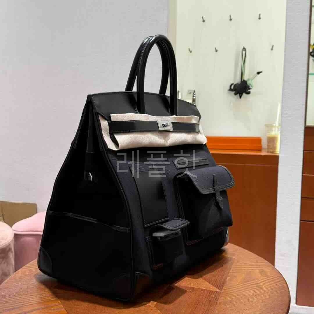 Hermès HAC 40 Noir Box / Black-Navy Canvas x Palladium Hardware