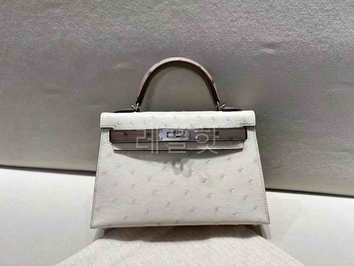 Mini Kelly II Ostrich Craie & Etoupe x Palladium Hardware