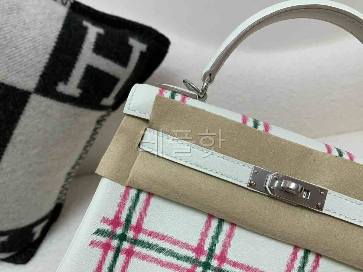 HermèsKelly 25 Painted Checkered Swift (Pink & Green on White) x Palladium Hardware
