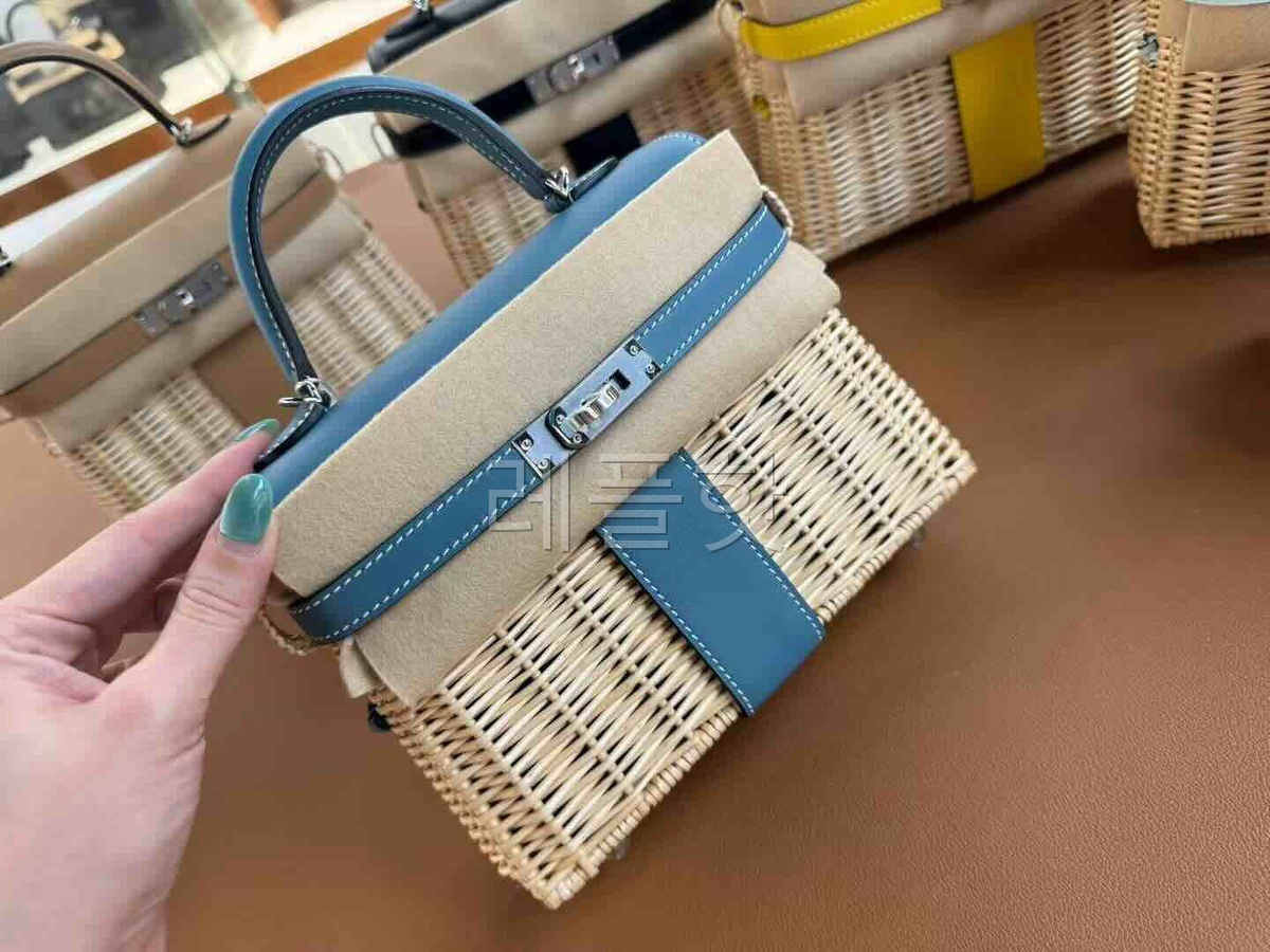 Hermès Mini Kelly Picnic Wicker Blue Jean x Palladium Hardware