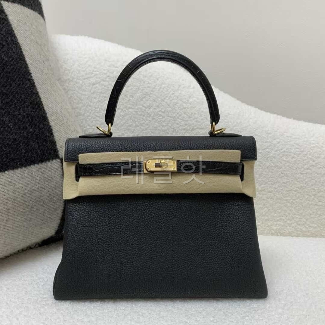 Hermès Kelly 25 Touch Togo Noir x Crocodile Noir x Gold Hardware