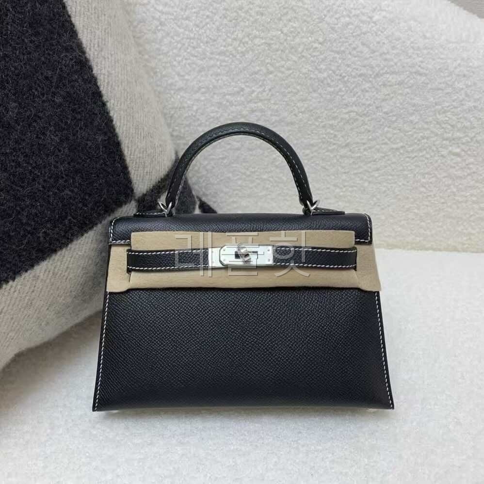 Hermès Mini Kelly II Epsom Noir x White Stitching x Palladium Hardware