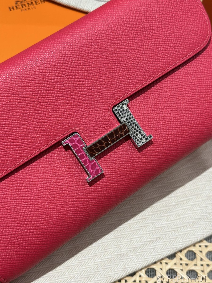 [하이엔드급] 에르메스 콘스탄스 투고 월렛  / I6 Rose extreme 리자드 악어 은장 [매장가 1290만원대]