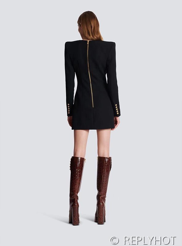 발망 블랙 골드 버클 울 패브릭 롱 코트 드레스