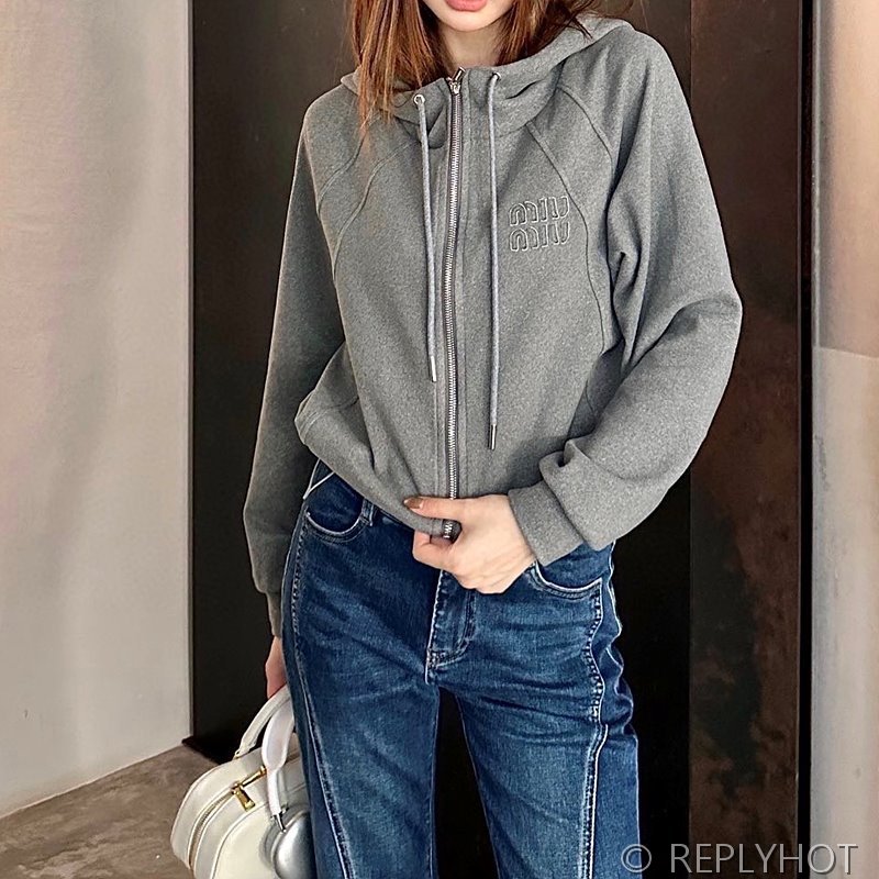 Miu miu 자수 로고 드로스트링 후드 집업 2color