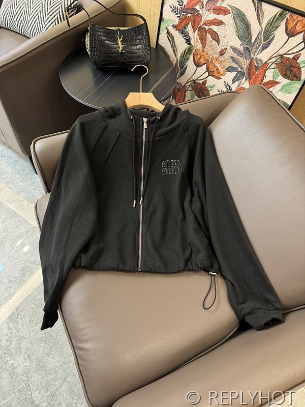 Miu miu 자수 로고 드로스트링 후드 집업 2color