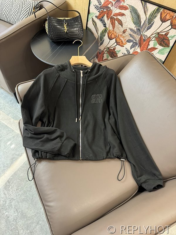 Miu miu 자수 로고 드로스트링 후드 집업 2color