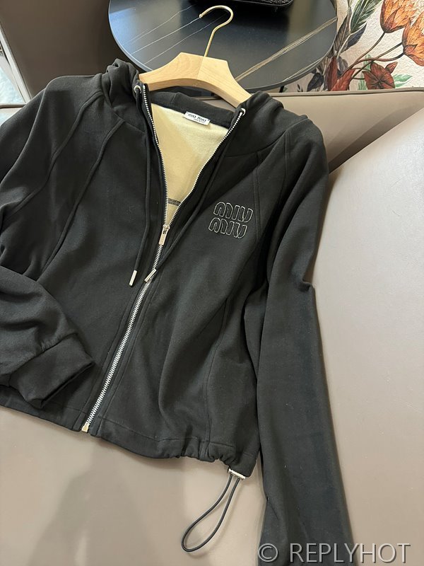 Miu miu 자수 로고 드로스트링 후드 집업 2color