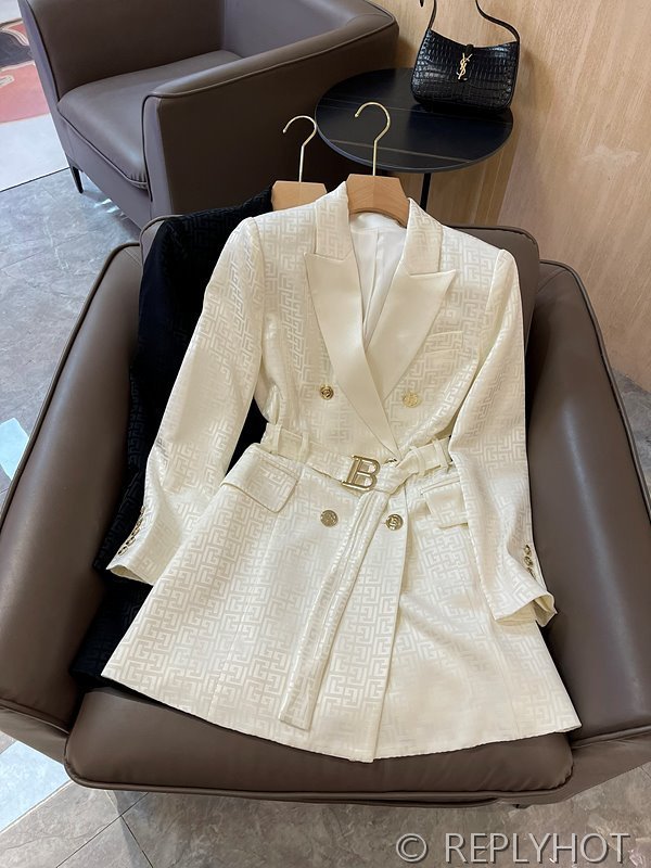 발망 더블 브레스트 자카드 레터 아세테이트 긴팔 드레스 자켓