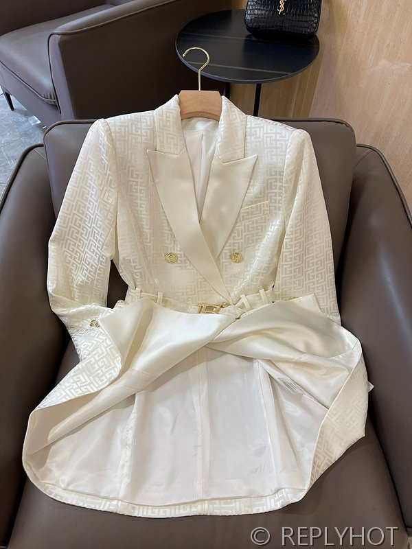 발망 더블 브레스트 자카드 레터 아세테이트 긴팔 드레스 자켓