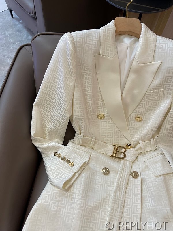 발망 더블 브레스트 자카드 레터 아세테이트 긴팔 드레스 자켓