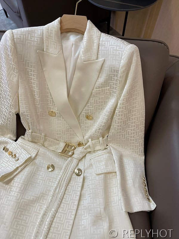 발망 더블 브레스트 자카드 레터 아세테이트 긴팔 드레스 자켓