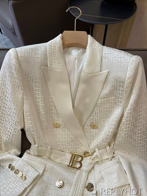 발망 더블 브레스트 자카드 레터 아세테이트 긴팔 드레스 자켓