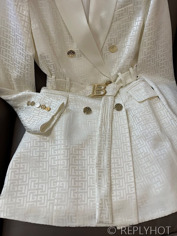 발망 더블 브레스트 자카드 레터 아세테이트 긴팔 드레스 자켓