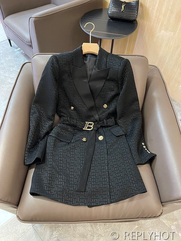 발망 더블 브레스트 자카드 레터 아세테이트 긴팔 드레스 자켓