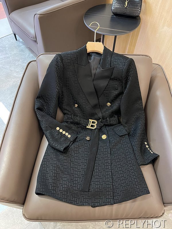 발망 더블 브레스트 자카드 레터 아세테이트 긴팔 드레스 자켓