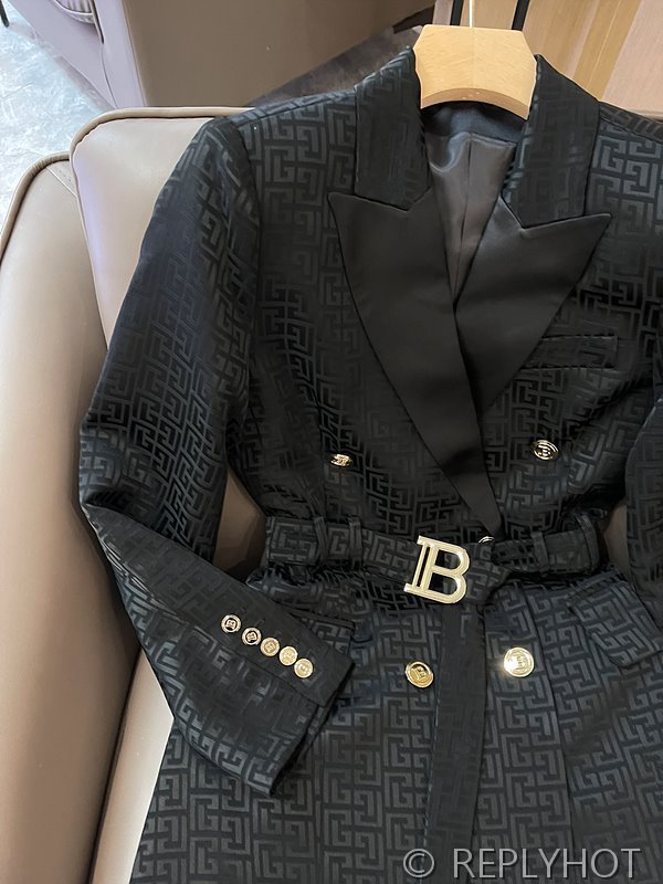 발망 더블 브레스트 자카드 레터 아세테이트 긴팔 드레스 자켓