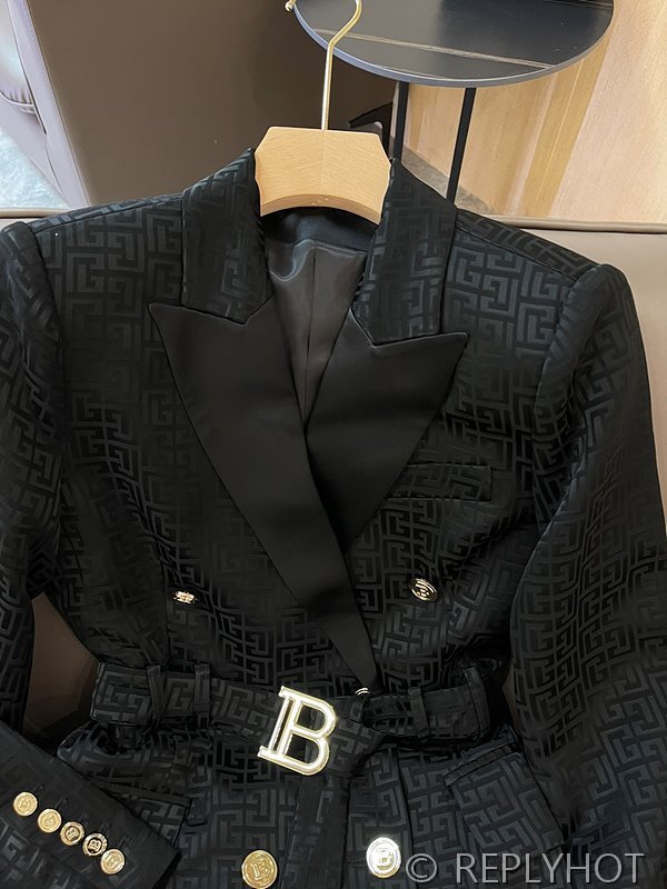 발망 더블 브레스트 자카드 레터 아세테이트 긴팔 드레스 자켓