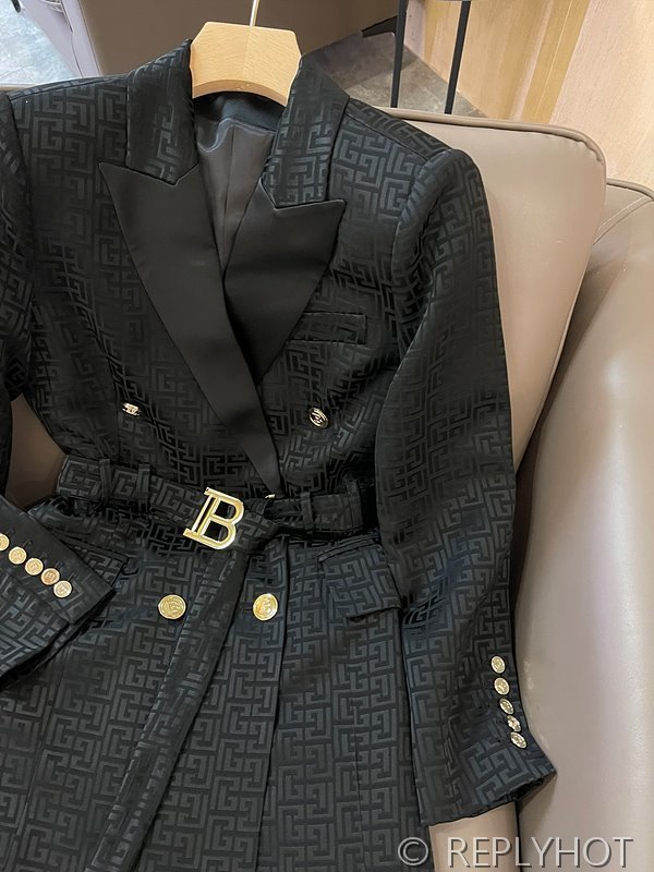 발망 더블 브레스트 자카드 레터 아세테이트 긴팔 드레스 자켓