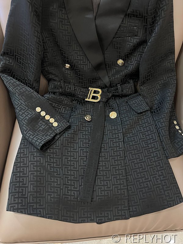 발망 더블 브레스트 자카드 레터 아세테이트 긴팔 드레스 자켓