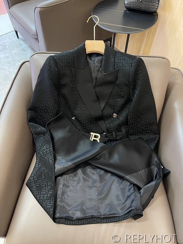 발망 더블 브레스트 자카드 레터 아세테이트 긴팔 드레스 자켓