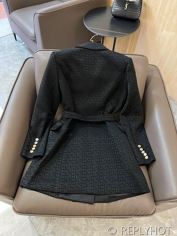 발망 더블 브레스트 자카드 레터 아세테이트 긴팔 드레스 자켓