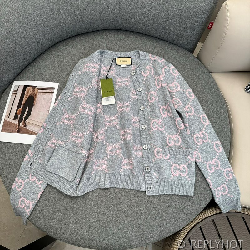 구찌 그레이 핑크 GG 자카드 니트 가디건