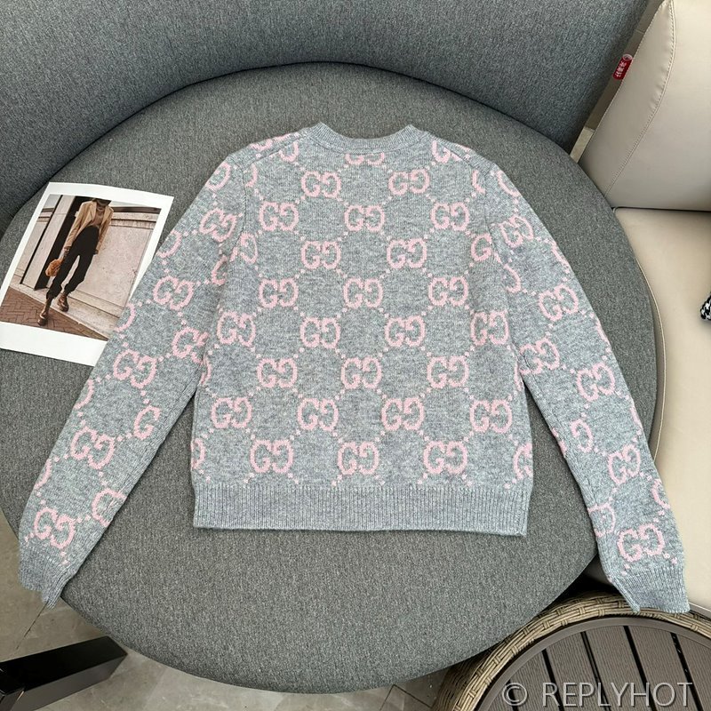 구찌 그레이 핑크 GG 자카드 니트 가디건