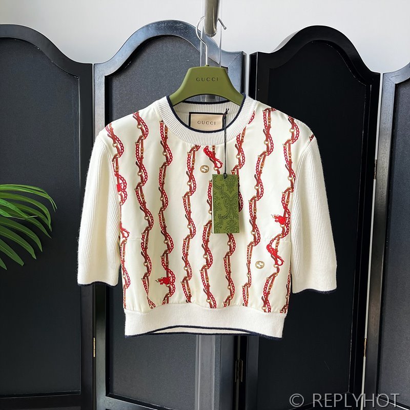 구찌 GG 실크 패치워크 울 니트 반팔