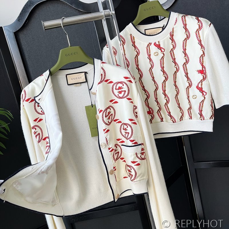 구찌 GG 실크 패치워크 울 니트 반팔