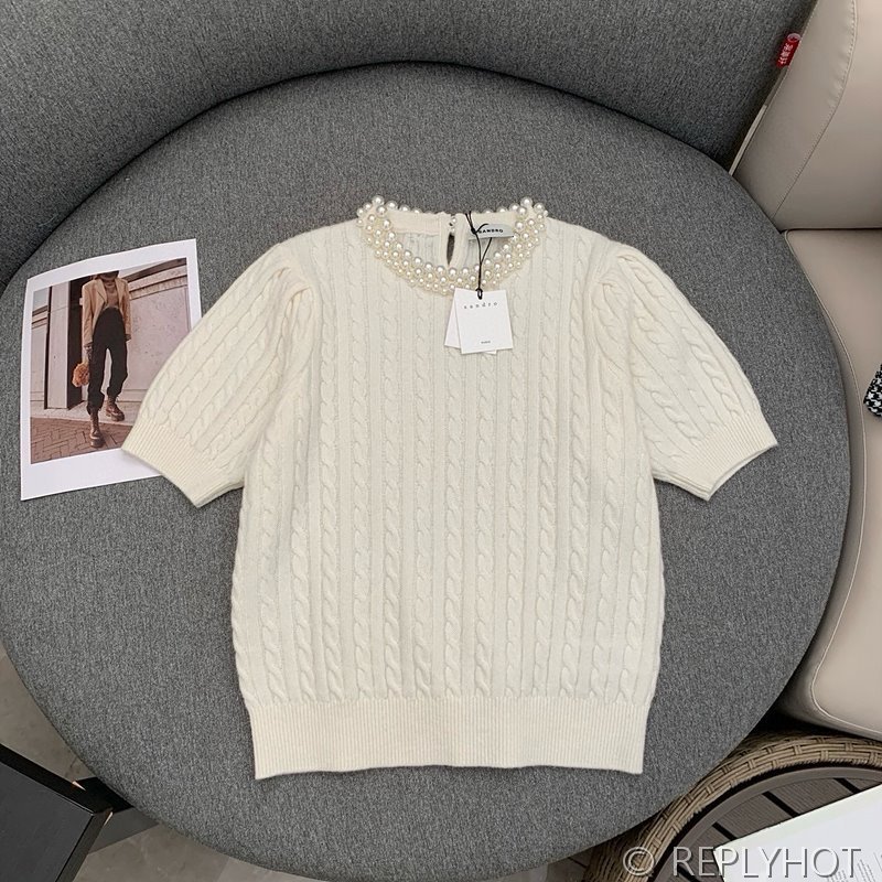 산드로 라운드 진주 반팔 니트