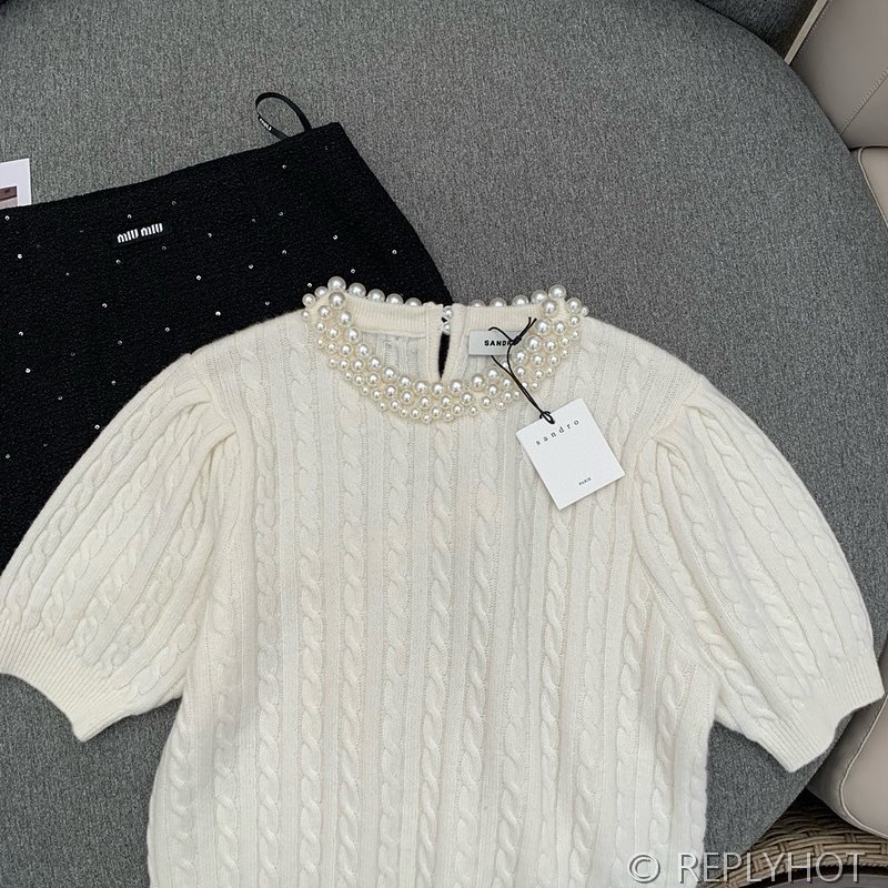 산드로 라운드 진주 반팔 니트