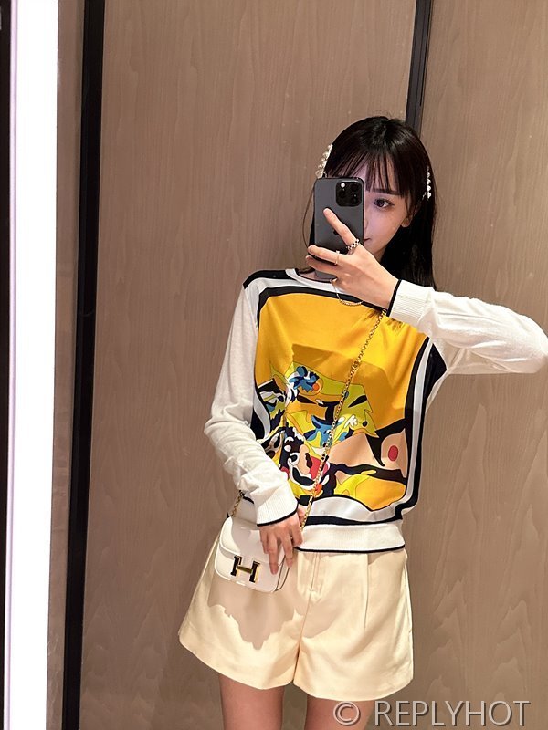 에르메스 실크100% 프린트 니트 풀오버 스웨터