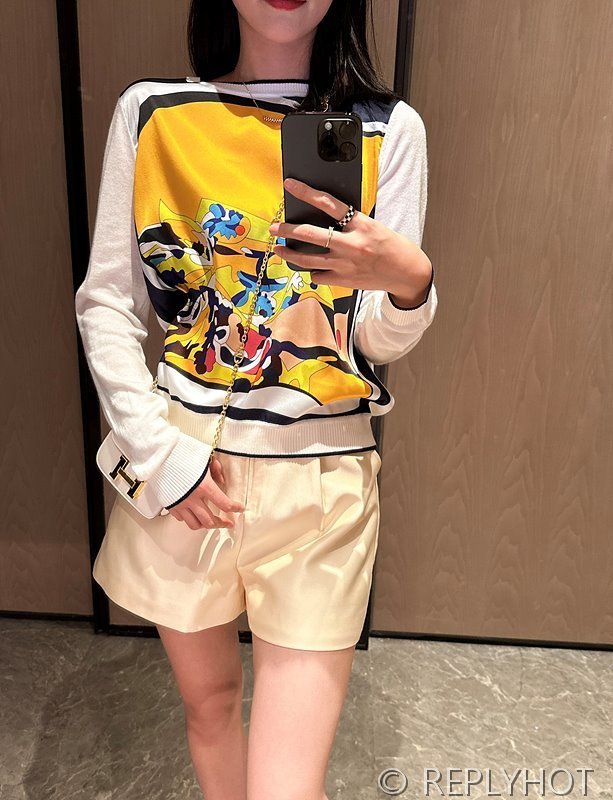 에르메스 실크100% 프린트 니트 풀오버 스웨터