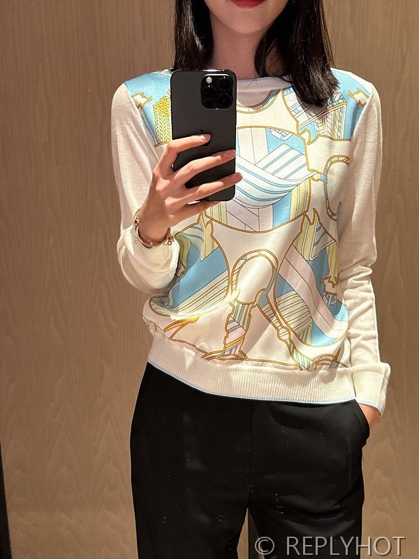 에르메스 실크100% 프린트 니트 풀오버 스웨터