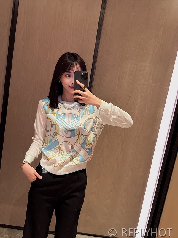 에르메스 실크100% 프린트 니트 풀오버 스웨터