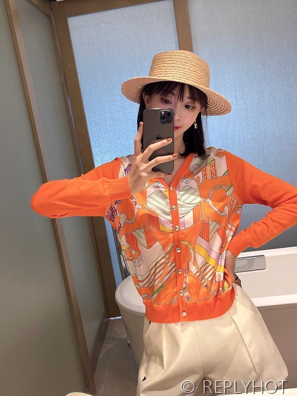 에르메스 실크100% 프린트 니트 풀오버 가디건