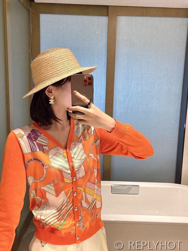 에르메스 실크100% 프린트 니트 풀오버 가디건