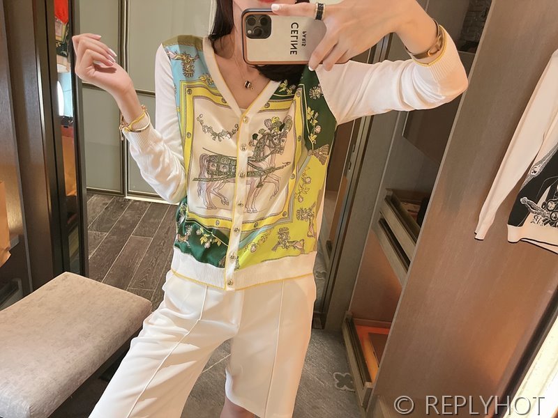 에르메스 실크100% 프린트 니트 풀오버 가디건