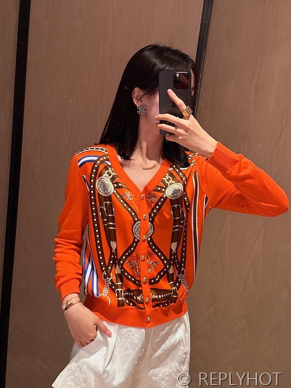 에르메스 실크100% 프린트 니트 풀오버 가디건