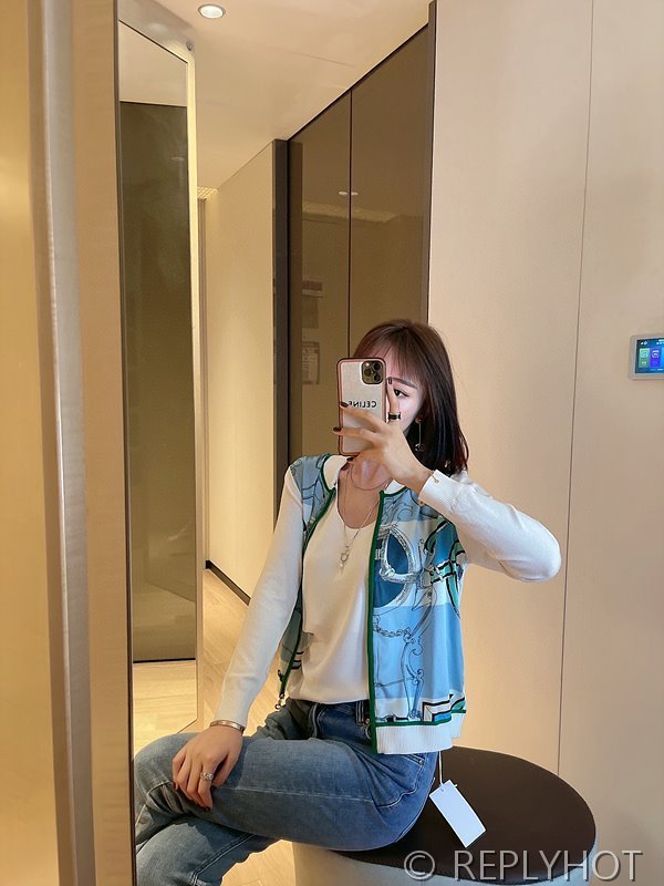 에르메스 실크100% 프린트 니트 풀오버 가디건