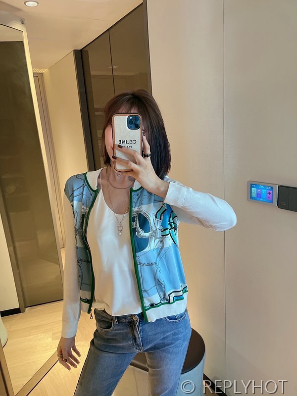 에르메스 실크100% 프린트 니트 풀오버 가디건