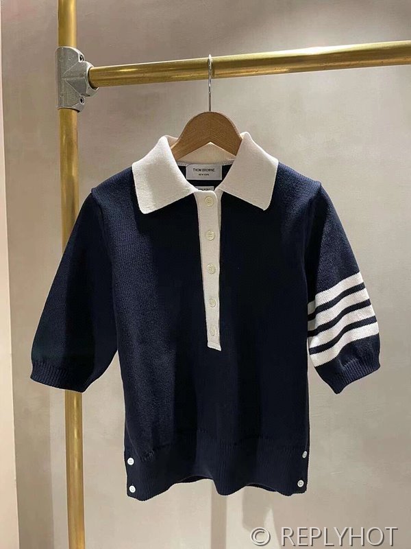 톰브라운 네이비 코튼 헥터 다이애그널 스트라이프 아이콘 쇼트 슬리브 4-바 폴로 셔츠 2COLOR [매장가 220만원대]